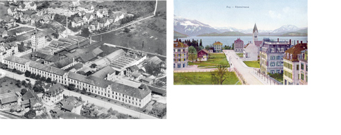 Metallwarenfabrik in Zug, um 1930/Alpenstrasse in Zug mit der neuen reformierten Kirche, um 1910