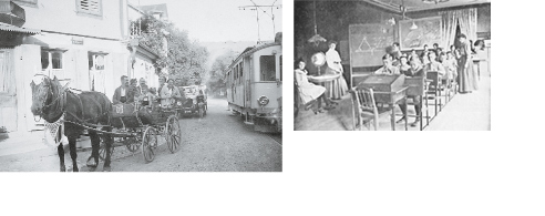 Pferdefuhrwerk, Automobil und Strassenbahn vor dem Hirschen in Oberägeri, um 1930 / Schulzimmer im Schulsanatorium Dr. Weber am Ägerisee, 1912 
